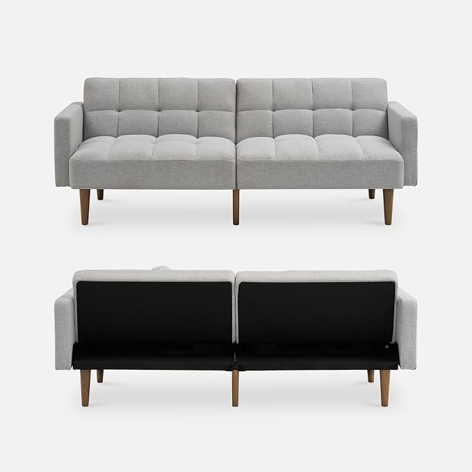 mopio Aaron 76.8" Couch, Small Futon Sofa Bed, Sleeper, Loveseat, Mid Century Modern Futon Couch, Sofa Cama, Couches for Living Room, Bedroom (Light Gray, Fabric)