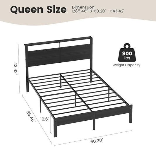 Queen Size Bed Frame with LED Lights, USB Type C Charging Headboard, Black Metal Platform Bed with Storage Shelf, Noise Free Design, No Box Spring Needed