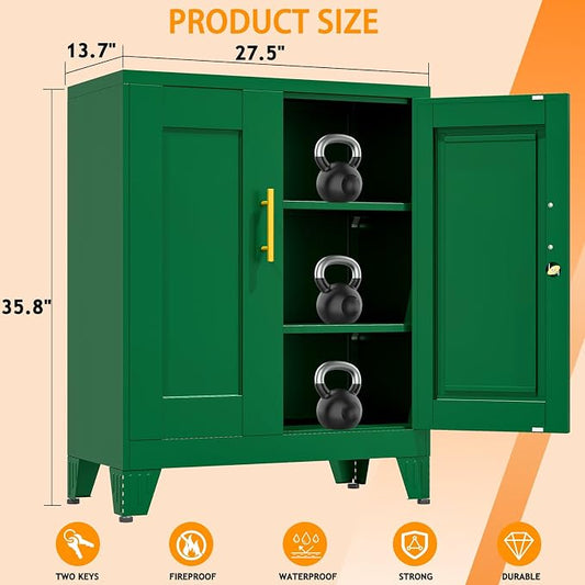 36 Inch Metal Tool Cabinet, 13.8" D x 27.6" W x 35.4" H, Lockable Steel Storage Cabinet with 2 Adjustable Shelves, Heavy-Duty Garage Storage Cabinet for Workshop, Basement, Office, Green