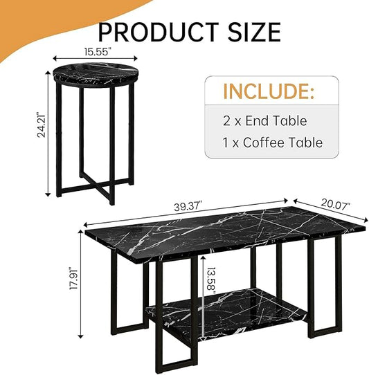 Lamerge 3 Pieces Living Room Table Set, Faux Marble Coffee Table with 2 Round End Side Tables, Coffee Table Set with Metal Frame for Apartment Home Office, Black