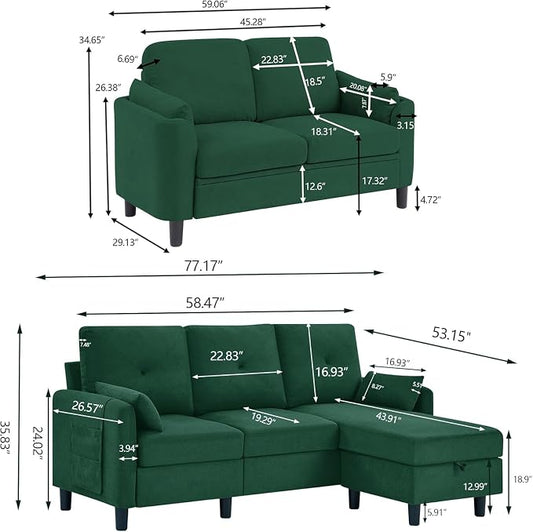 Convertible Sectional Sofa Set, 77" Small L Shaped 3 Seat Couch with Ottoman and 57" Loveseat, Modern Sofa Couches for Living Room, Green