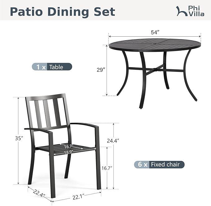PHI VILLA 7 Pieces Outdoor Round Dining Set for 6, Wrought Iron Dining Table with Umbrella Hole & Stackable Metal Steel Chairs, Large Dining Furniture Set for Patio, Deck, Yard, Porch