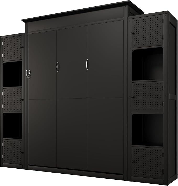 MERITLINE Queen Murphy Bed with Storage Bookcase Shelves and LED Light, Solid Wood Murphy Wall Beds with Storage Cabinet Shelves,for Adults,Space-Saving for Office,Bedroom,Guest Room