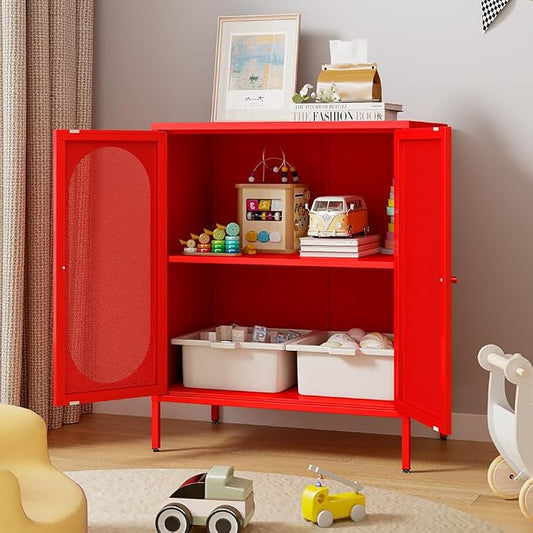 2 Mesh Door Accent Storage Cabinet for Home, Living Room, Office Room,Kitchen-Metal Locker Cabinet with 1 Adjustable Shelves-2-Tier (Small Mesh Door, red)