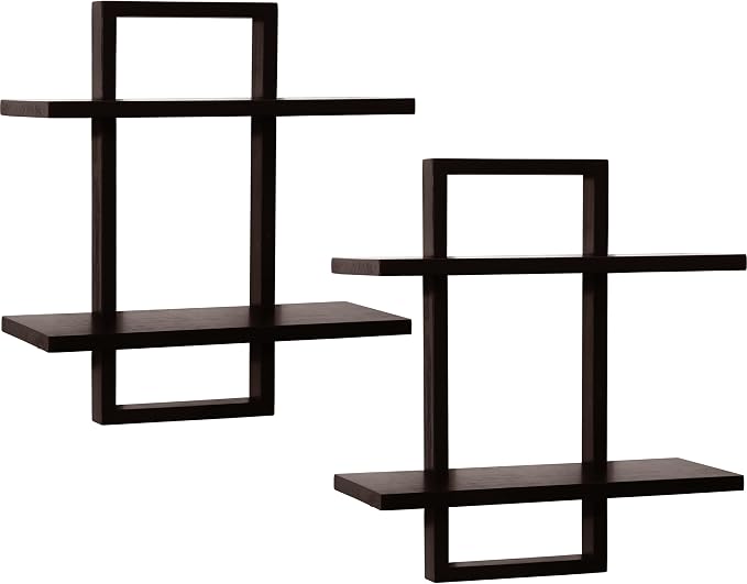 PHOENANCEE Floating Shelves for Wall,Display Hanging Shelf Set of 2,Modern Decorative Plants Shelves,Wood Home Decor Storage Chic for Living Room Bedroom Bathroom Office,Oak Frame,2-Tier (Walnut