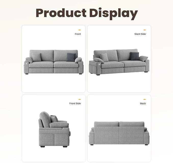 MALOL 89" Loveseat Couch, 3 Seater Upholstered Midcentury Mondern Love Seat with USB Type C Ports, 4 Pillows and Storage Armrest Cloud Foam Sofa for Living Room/Small Spaces, Grey | Breathable material