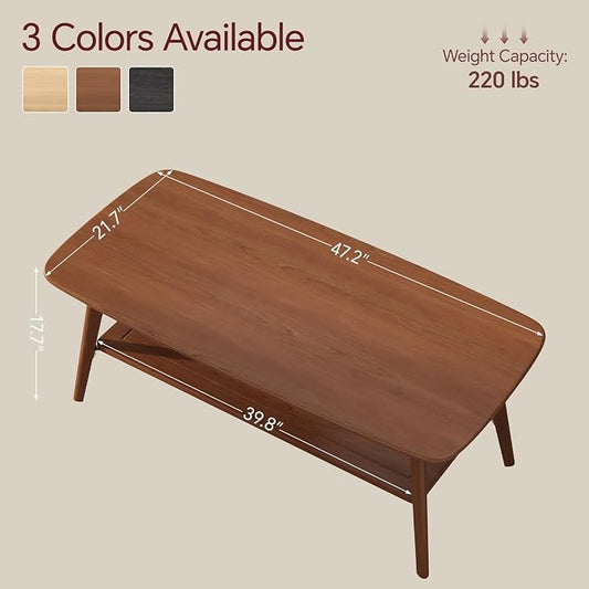 Coffee Table Small Solid Wood Center Table Mid Century Vintage Living Room Coffee Table, Walnut 47.24 Inch