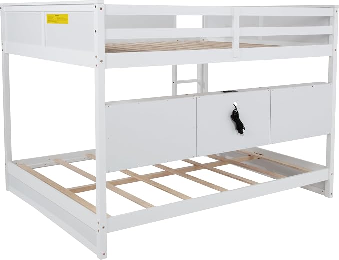 RUNNA Queen Over Queen Bunk Bed with Storage,Charging Station,White | Queen over queen bunk bed with storage cabinets,USB,solid wood frame,guardrails,no box spring needed,space saving, white