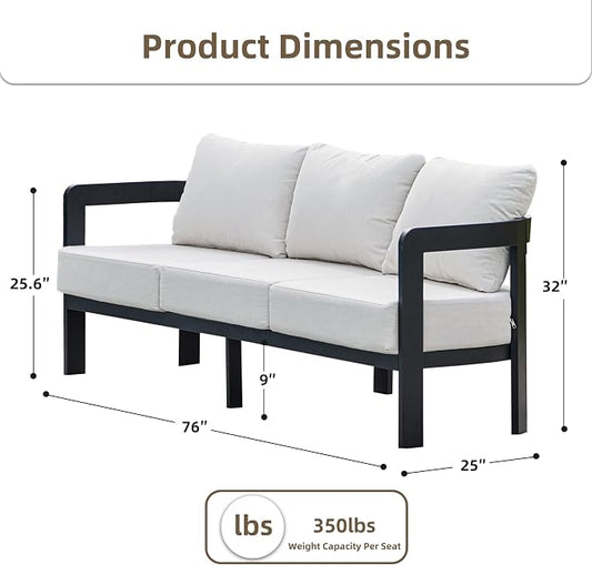 Outdoor Patio Sofa, 3-Seat All-Weather Metal Modern Couch with Washable Thick Cushion for Garden/Backyard/Porch, White