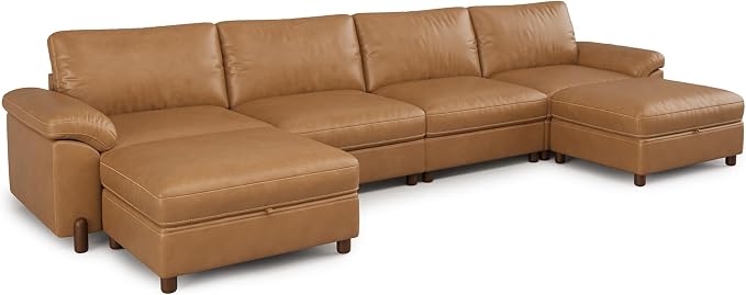 SITJOY Large Cloud Couch, 149" Wide 4 Seater U Shape, Faux Leather in Brown | Pet-Friendly Scratch-Resistant Leather Sectional Sofas for Living Room, Deep Seat Wide Couch with Chaise, Storage Ottoman