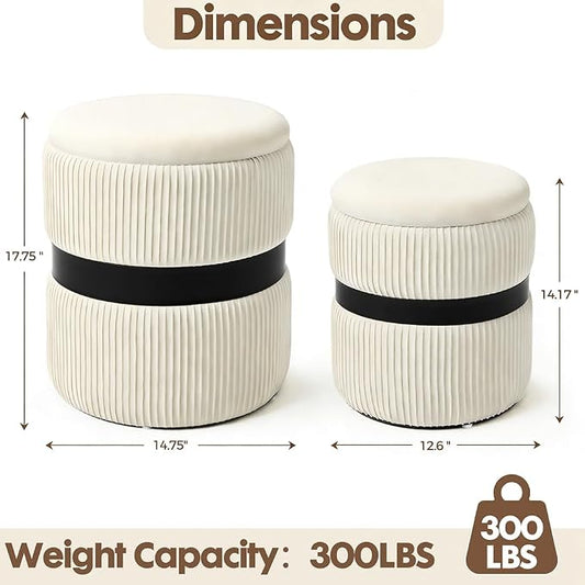 Velvet Round Ottoman Set of 2 with Storage, 12 Gallon Hidden Storage Ottoman, Multi-Functional Footrest Stool, Vanity Seat, Coffee Table, No Assembly Required, Holds 300lbs, (White)