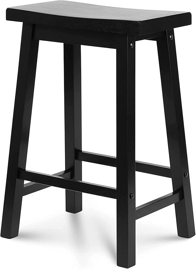 PJ Wood 24 Inch Single A Frame Classic and Modern Comfortable Wooden Bar Stool Saddle Seat with Built in Bars as Footrests, Black