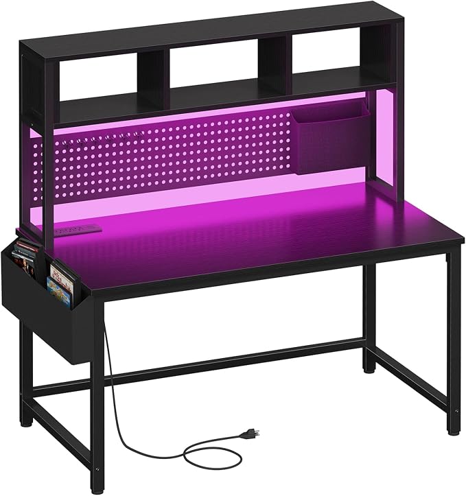 DLisiting Black Gaming Desk with Hutch and Pegboard - 47 Inch Gaming Desk with Shelves Storage Power Outlets, Computer Teen Work Study Writing Desks for Bedroom Home Office
