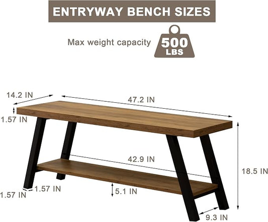 SUNTAGE Entryway Bench, Farmhouse Indoor Entry Way Shoe Benches Seat, Industrial Metal Shoe Storage Bench Organizer for Living Room, Bedroom, Hallway (Rustic Oak)