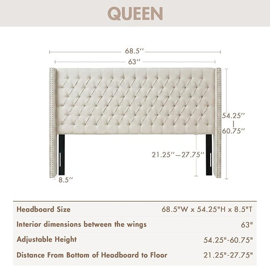 Madison Park Amelia Upholstered Headboard | Nail Head Trim Wingback Button Tufted | Queen, Cream