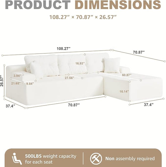 Hobestluk Modular Sectional Sofa Couches L-Shape Couch 3 Seat Modular Sofa Memory Foam Sectional Couches for Living Room, Cloud Couch with Oversized Chaise (White Tufted, 108", Right Hand Facing)