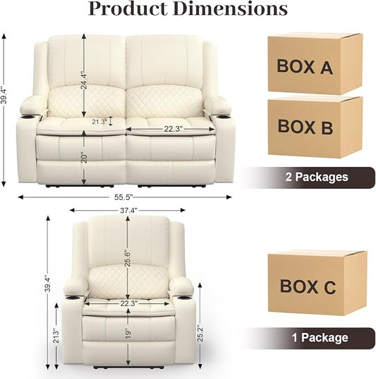 Yolsali Loveseat Recliner Sofa Set with 2-Tier Cushion, 2+1 Pieces in Living Room, 2 Seater Reclining Loveseat Leather with Removable Console, 1 Oversize Recliner Chair Sofa Seat - White PU