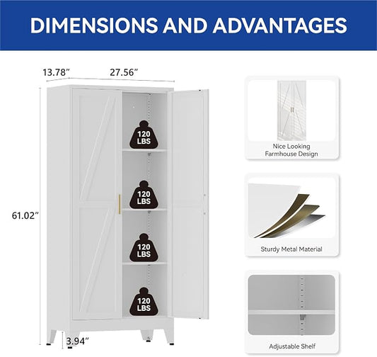 COFaR 61'' Tall Metal Storage Cabinet, Farmhouse Kitchen Pantry Cabinet with Doors and 3 Adjustable Shelves, White Metal Cabinets for Kitchen, Bathroom, Laundry, Garage, 4-Tier