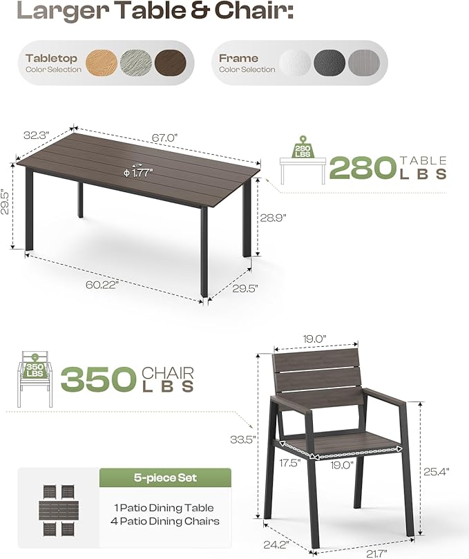 67" Rectangle HDPS Patio Dining Table, Aluminum Outdoor Patio Dining Table with Umbrella Hole, Weather-Resistant for Lawn, Garden, Yard, Poolside and Indoor Use (Gray & Teak)