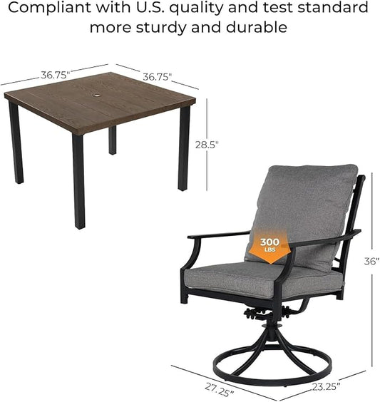 Grand patio 5-Piece Patio Dining Set for 4, E-Coated Outdoor Dining Set Swivel Patio Dining Chairs with Olefin Cushions & 1 Brown Square Faux Woodgrain Dining Table with 1.5”Market Umbrella Hole