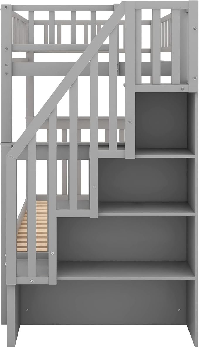 Twin Over Twin Bunk Beds with Staircase and Trundle Bed, No Box Spring Needed for Teens, Boys or Girls