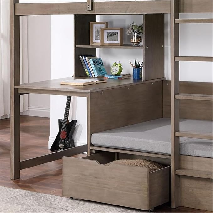 BOWERY HILL Modern Wood Twin Over Workstation Loft Bed, Warm Gray Finish, Solid Wood and MDF, 78.38" L x 43.75" W x 68.75" H, Space-Saving Design with Desk, Reading Nook, Drawer Storage, Transitional