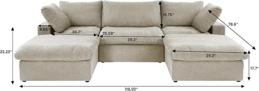 Cloud Couch 120" Sectional Couches for Living Room/Modular Convertible U Shaped Sofa Couch with 2 Storage Ottomans,5 Seater Minimalist Wide Deep Seat Sets (Khaki, 5 Seater)