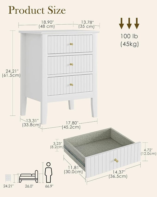 Fluted Nightstand, Farmhouse Night Stand with 3 Drawers, Mid Century Modern Side Accent Table,Bedside End Table for Bedroom, Living Room, White