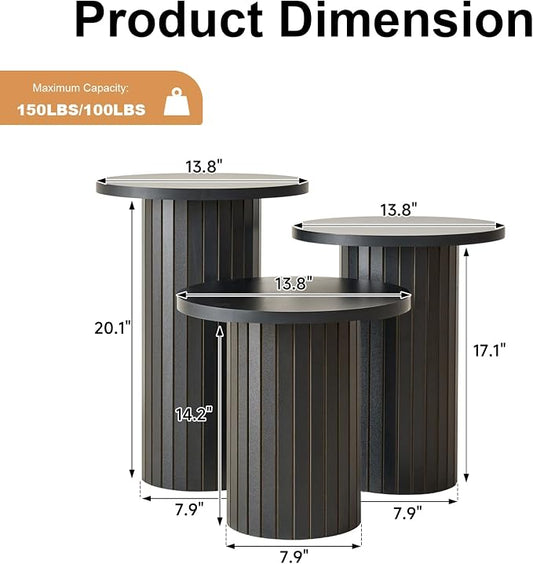 3-Piece Nesting Coffee Table Set, Modern Small Round Wood Side Tables, Fluted Drum Base, for Living Room Bedroom Apartment Small Space, Black