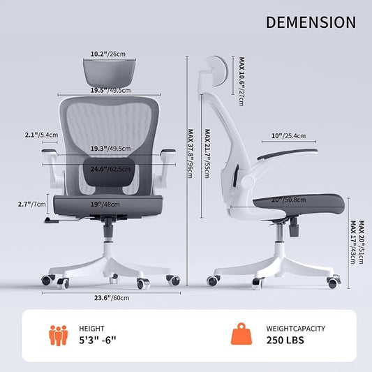Monhey Ergonomic Office Chair, 90°-125° Tilt Back Home Desk Chair with 360° Swivel & Mute Wheels, High Back Mesh Computer Chair for Adults with Lumbar Support, 330 LBS Capacity(02White+Grey)