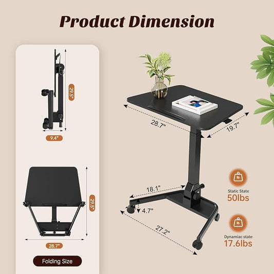 Foldable Mobile Standing Desk, Pneumatic Height Adjustable Rolling Sit Stand Desk, 90° Tiltable Portable Laptop Cart on Wheels, Mobile Desk Workstation for Home Office, Easy to Fold