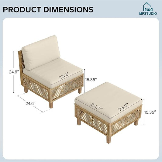 MFSTUDIO Wicker Patio Furniture Set, 2 Pieces Rattan Outdoor Couch Sectional Sofa with Ottoman, Beige