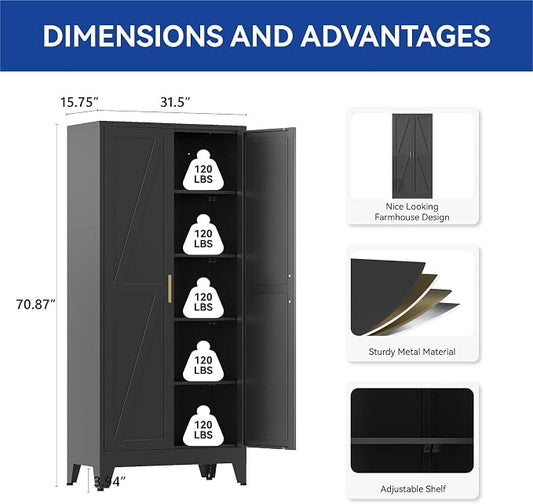 COFaR 71'' Tall Metal Storage Cabinet, Farmhouse Kitchen Pantry Cabinet with Doors and 4 Adjustable Shelves, Black Metal Cabinets for Garage, Kitchen, Bathroom, Laundry, 5-Tier