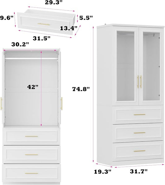 Timechee Almirah for Clothes, 74.8" Tall Bedroom Closet Storage Cabinet with Tempered Glass Doors and Shelves, Hanging Rod, White Standing Wardrobe Armoire Clothes Closet with Drawers for Bedroom