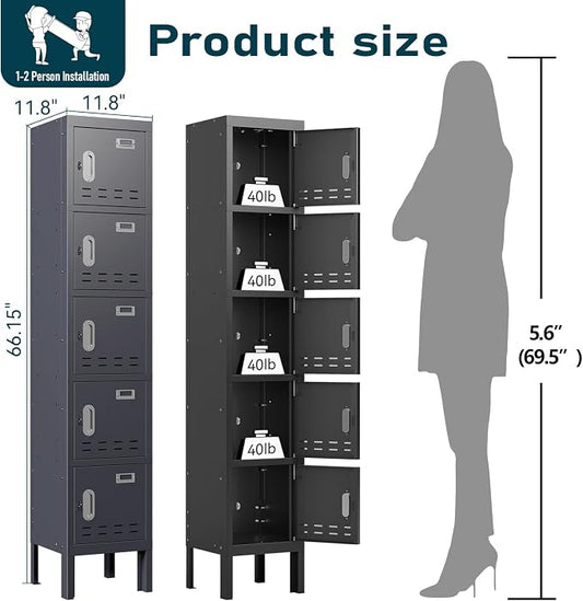 BUTISOW Metal Lockers - 66" Height Steel Lockers for Employees with 5 Door Storage Locker with Card Slot for Employees Gym School Home Office Garage - Assembly Required