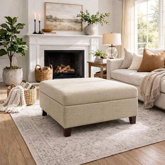 HomePop 28" Woven Square Storage Ottoman - Linen Tan