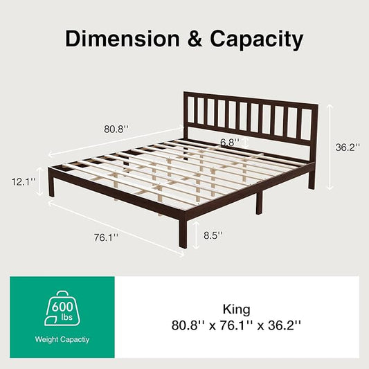 Novilla 12inch King Size Bed Frame Wooden King Bed Frame and Headboard, Classic King Size Bed Frame with Headboard, No Box Spring Needed, Easy Assembly, Walnut