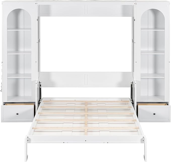 PVWIIK Queen Size Murphy Bed with Storage Drawers & Desk for Save Space & Small Space,Bedroom,Guest Room,Wall Bed Frame Folding into Cabinet Design w/LED & Storage Shelf,White