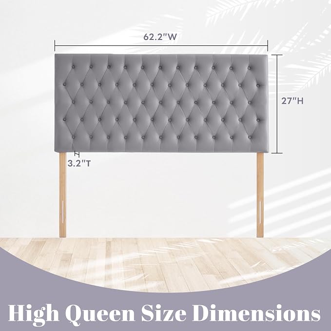 Upholstered Queen Headboard Only, Premium Velvet Button Tufted Headboards, Adjustable Solid Wood Head Board, Padded Headboard with Solid Wood Legs in Bedroom (Gray)