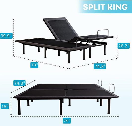 Dyonery Split King Adjustable Bed Frame with 14 inch Cooling Copper Memory Foam Mattress, Wireless Remote & Head and Foot Incline, CertiPUR-US Certified & Fiberglass Free, Zero Gravity, 80" × 76"
