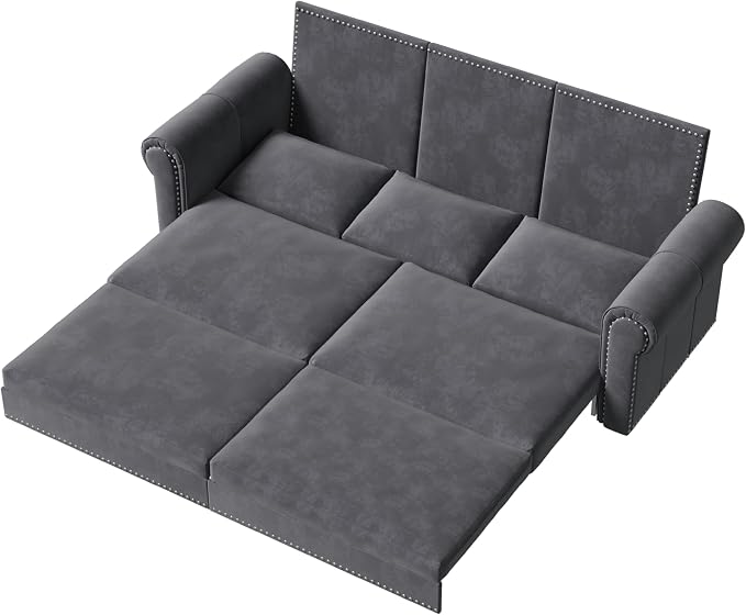 93.7" King Size Sleeper Sofa Bed, Pull Out Sofa Bed, Velvet Upholstery, 3 in 1 Convertible Sleeper Couch, Chaise Lounge, Retro Recliner for Living Room, Office, Apartment, Grey