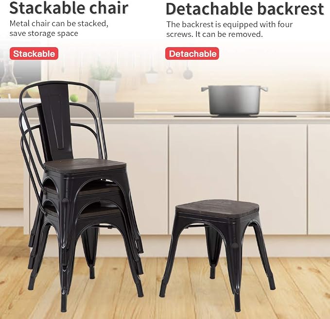 FDW | Metal Dining Chairs with Wooden Seat | Set of 4 | Black | Stackable Tolix Side Chairs with Backrest | Scratch-Resistant | Non-Slip Feet | Indoor/Outdoor Use | 330 lbs | for Dining & Kitchen