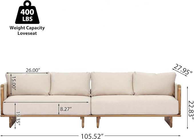 Merax Acacia Wood Outdoor Patio 105 Inch Loveseat Sofa with Cushions, Large 4-Seater Sofa Daybed for Backyard, Lawn, Deck, Balcony, Water Repellent Fabric, 400 lbs Capacity, Light Teak +Beige