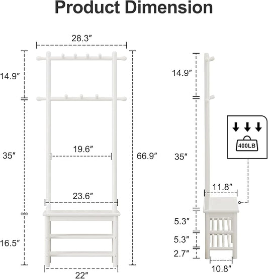 AQIMUELE Coat Rack with Shoe Storage, Narrow Wooden Hall Tree with Bench, 11 Hooks and 2-Tier Storage Shelves, 3-in-1, Entryway Bench with Coat Rack (23.6"-Deep White)