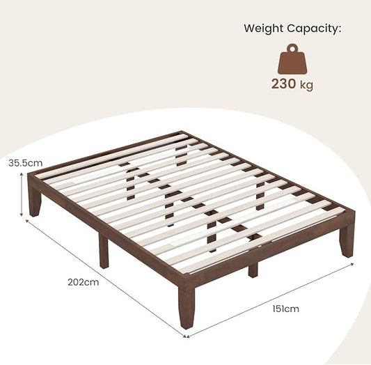 COSTWAY Wood Platform Bed Frame, 14 Inches Solid Rubber Wood Bed Mattress Foundation with Sturdy Slats Support, Easy Assembly Bed Frame for Home Hotel, No Box Spring Needed (Walnut, Queen)