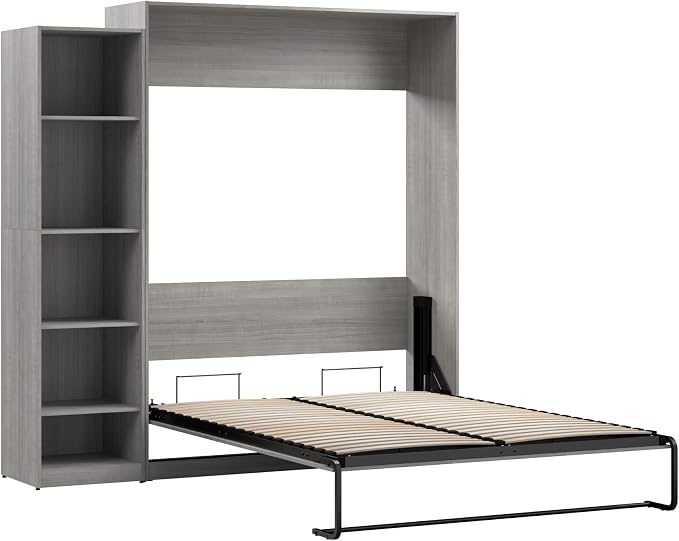 Bestar Claremont Queen Murphy Bed with Closet Organizer (85W) in Platinum Gray, Space-Saving Sleeping Arrangement for Multipurpose Room
