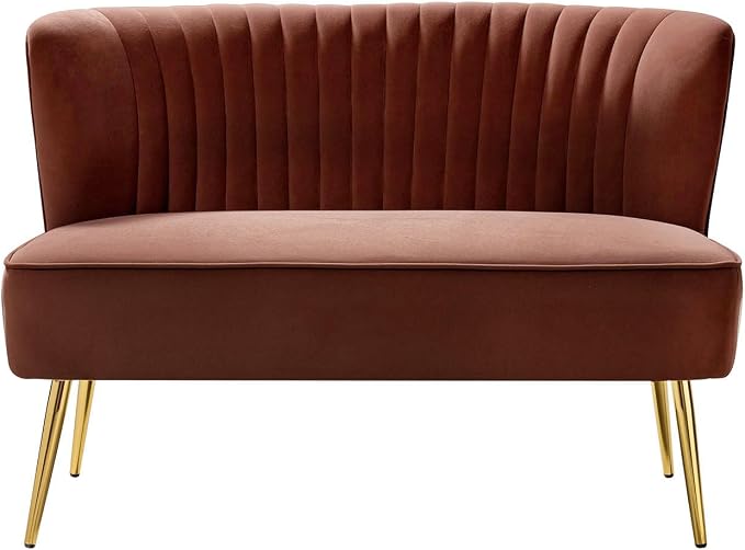 TINA'S HOME Mid-Century Velvet Loveseat Sofa, Upholstered Loveseat Couch with Golden Metal Legs, Small Tufted 2-Seat Sofa Armless Love Seat for Living Room Bedroom, Burn Brick