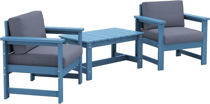 SERWALL 3 Pieces HDPE Outdoor Sofa Bistro Set with Cushions, Outdoor Furniture Sofa Sets with Coffee Table and Cushions, All Weather Conversation Social Set, Blue Frame and Grey Cushion