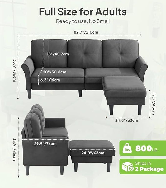Welzona Sofas for Living Room, 83" Velvet Sectional Couch with Moveable Ottoman, Midcentury Modern Small Sectional Couch, L Shape Sofa & 2 Seater, Couches for Living Room, Apartment, Bedroom, Grey