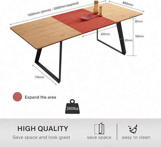 ZckyCine Extendable Dining Table - 63" to 78.7" Adjustable Rectangular Table with Black Metal Legs, Modern Expandable Dining Table for 6-8 People